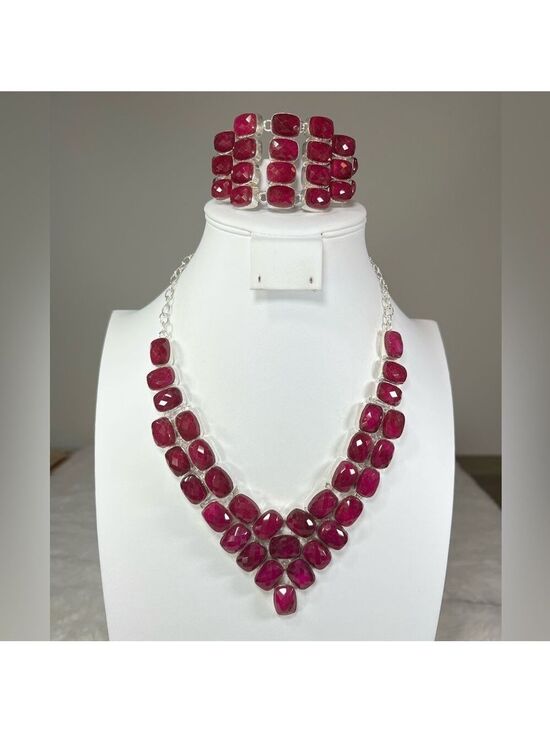 Handmade Jewelry - Faceted Ruby 925 Synthetic Gemstone Large Necklace & Bracelet Set